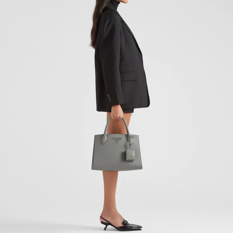 PRADA Monochrome Leather Tote Bag Shopping Bag Shoulder Bag Crossbody Bag Handbag Medium Size Women's Slate Gray-5