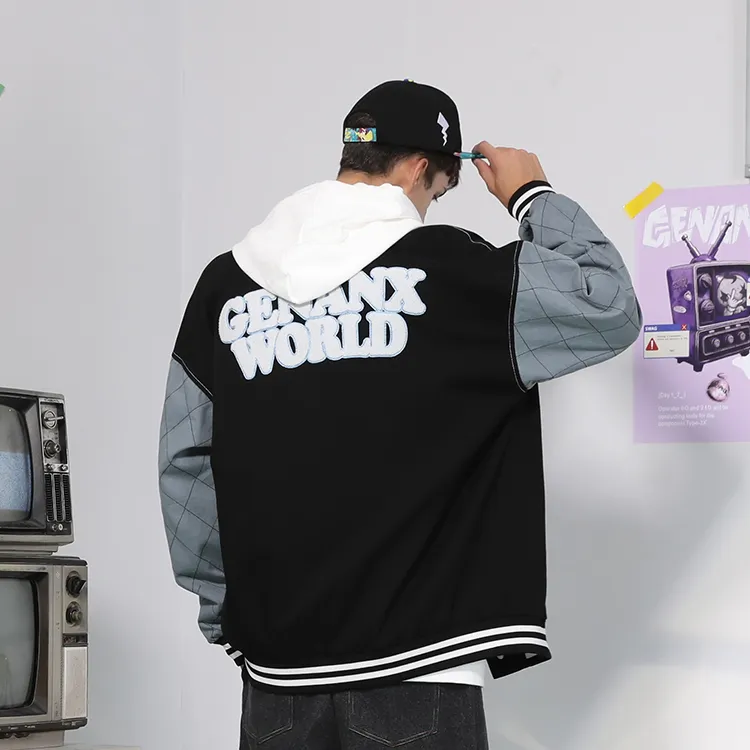 GENANX Loose Fit Baseball Jacket Unisex Black-3