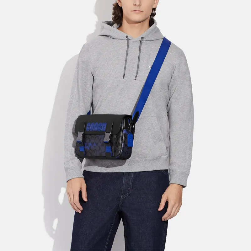 COACH Track Coated Canvas With Leather Cycling Bag, Shoulder Bag, Crossbody Bag Medium Size Men's Old Heather & Blue-3