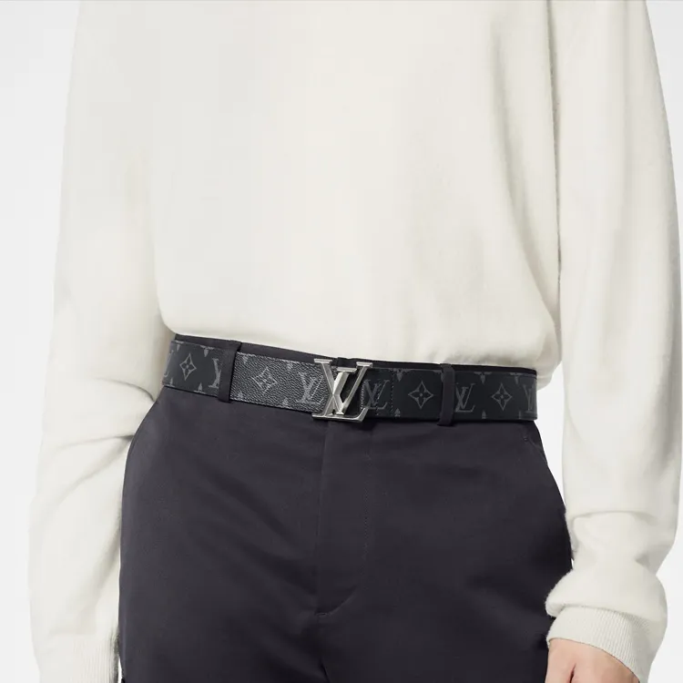 LOUIS VUITTON Cow Leather Leather Belts Men's Black Width: 4cm-5