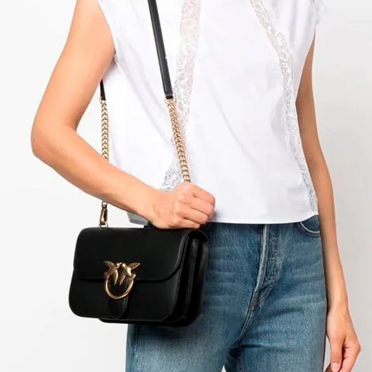 PINKO SIMPLY Calfskin Shoulder Bag, Crossbody Bag Regular Women's Black-4
