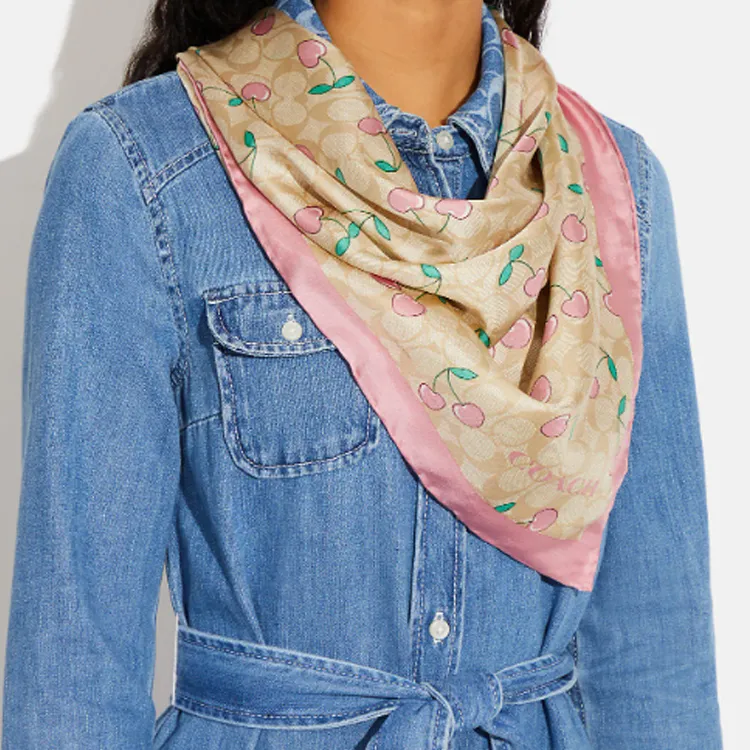 COACH Silk Scarves Women's Khaki/Pink-1