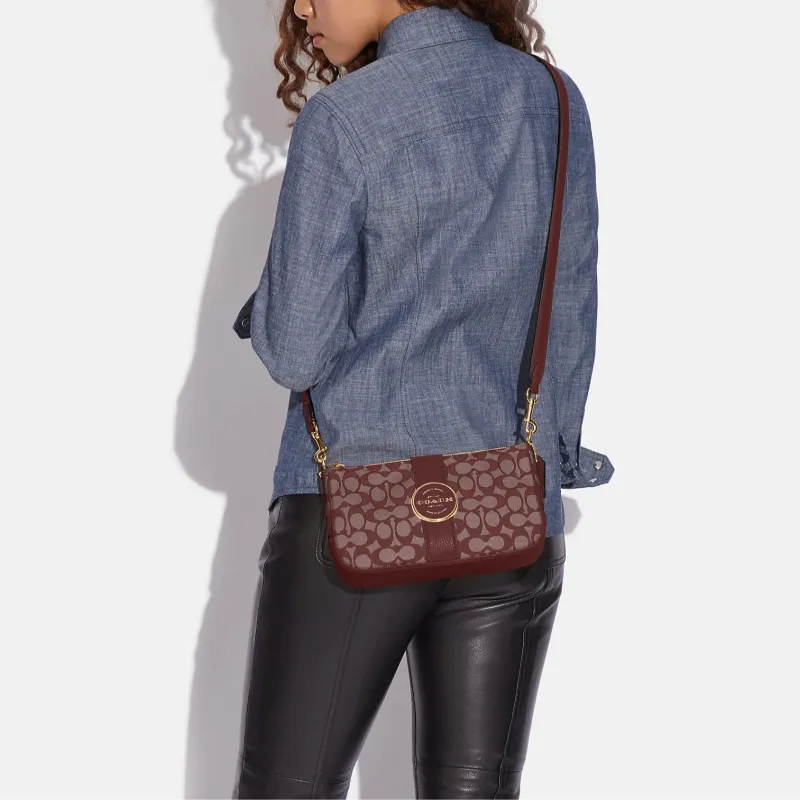 COACH Lonnie Fabric With Cow Leather Baguette Bag, Shoulder Bag, Portable Crossbody Bag Women's Burgundy-3