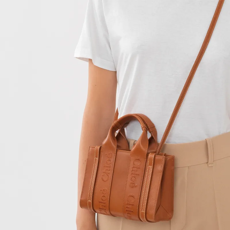 Chloe Woody Calfskin Tote Bag, Shopping Bag, Shoulder Bag, Crossbody Bag, Handbag Mini Women's Caramel-4