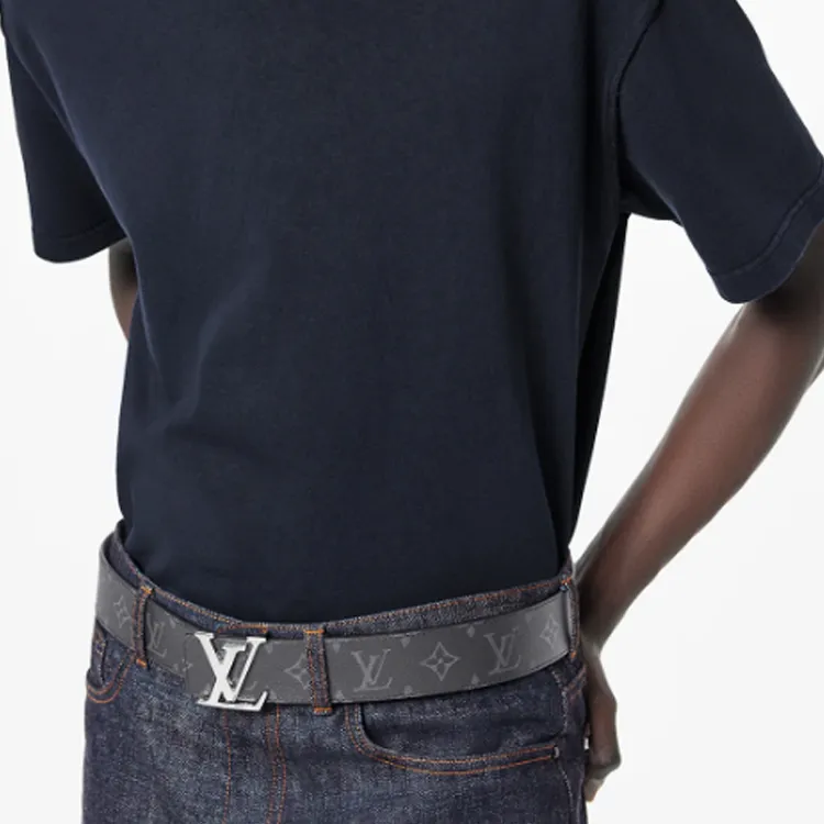 LOUIS VUITTON Cow Leather Leather Belts Men's Black/Gray Width: 4cm-3