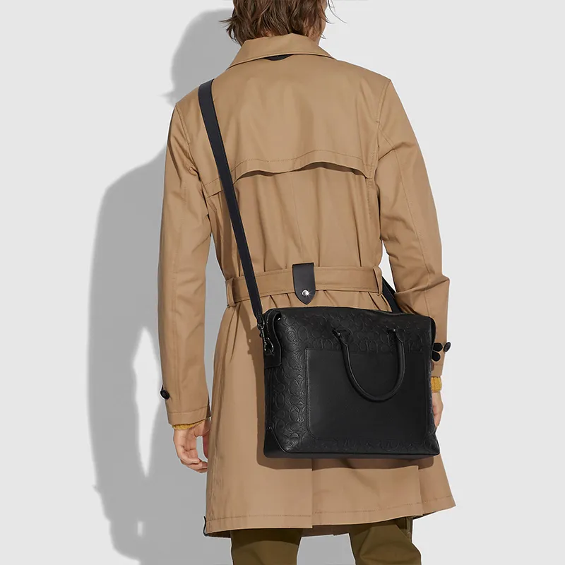 COACH Leather Tote Bag Shopping Bag Briefcase Crossbody One Shoulder Handbag Large Size Men's Black-6