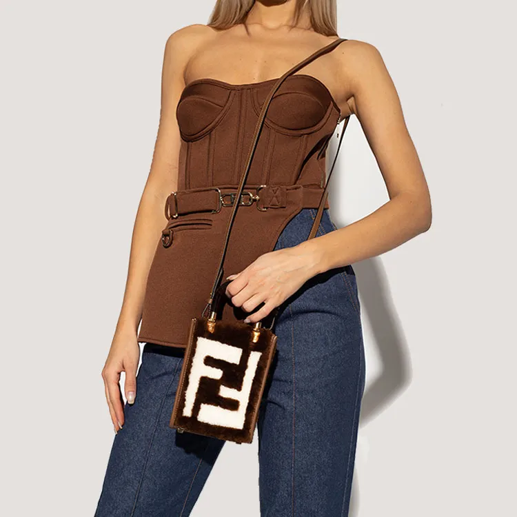 FENDI Sunshine Sheep Wool Leather Patchwork Cell Phone Pouch Handbag Shoulder Bag Crossbody Bag Mini Women's Brown-4