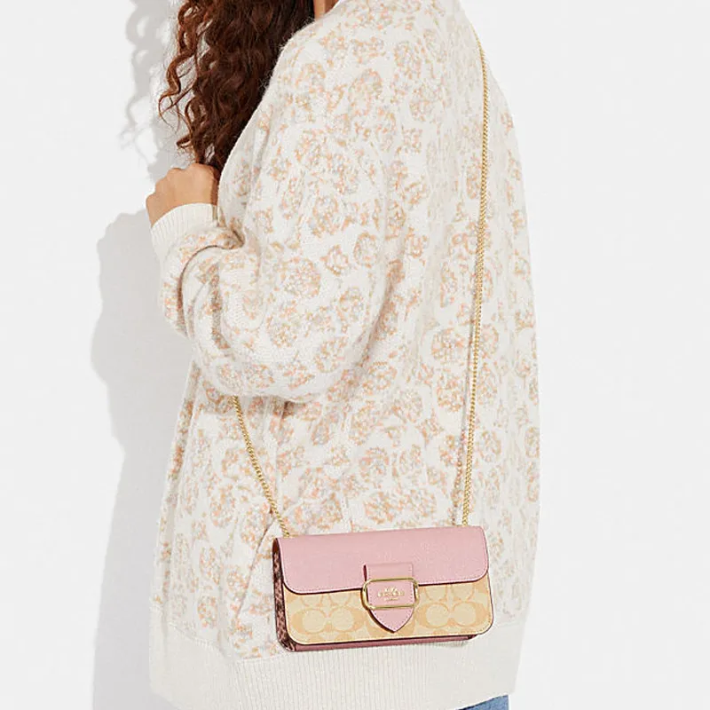 COACH Morgan Artificial Leather Small Square Bag Shoulder Bag Crossbody Bag Small Size Women's Khaki & Pink-3