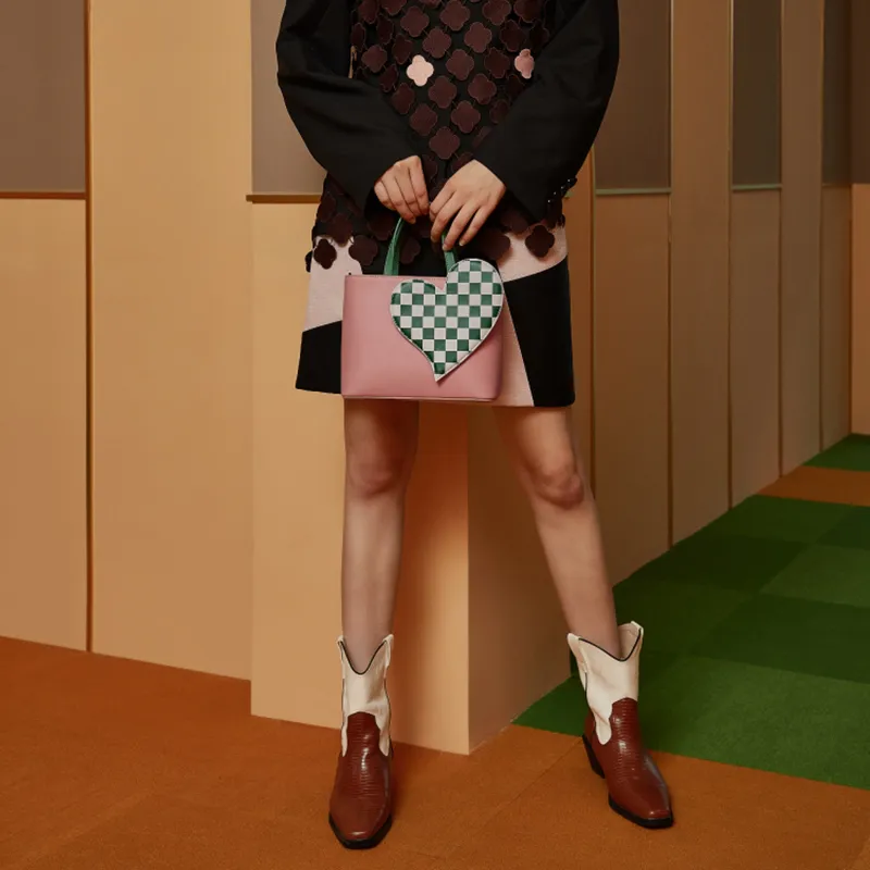 STAR TOWN Cow Leather Heart Bag, Checkerboard Bag, Crossbody Bag, Handbag Regular Women's Multicolor-7