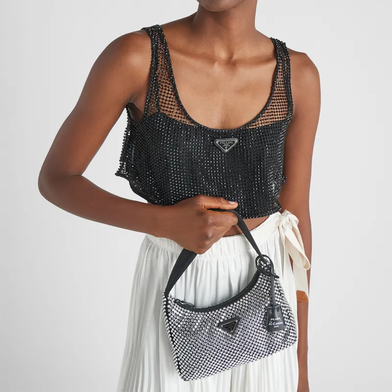 PRADA Satin Fabric Hobo Bag Shoulder Bag Handbag Shoulder Bag Mini Women's Black-6