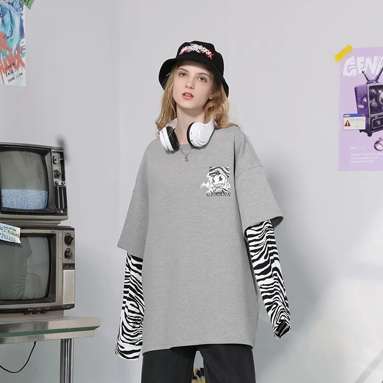 GENANX Crew Neck Loose Fit Mock Two Piece Sweatshirt Unisex Gray-4