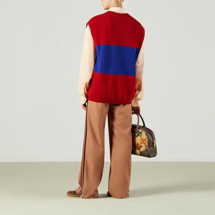 GUCCI X Adidas Originals FW22 Embroidered Colorblock Crew Neck Sleeveless Sweater Red-3