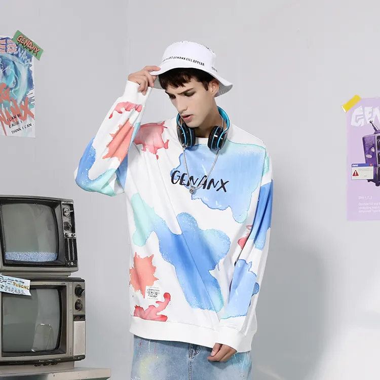 GENANX Crew Neck Loose Fit Regular Sweatshirt Spring Summer Fall And Winter Unisex White Blue-3