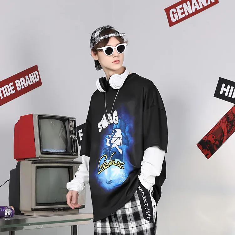 GENANX Crew Neck Loose Fit Mock Two Piece Sweatshirt Unisex-2