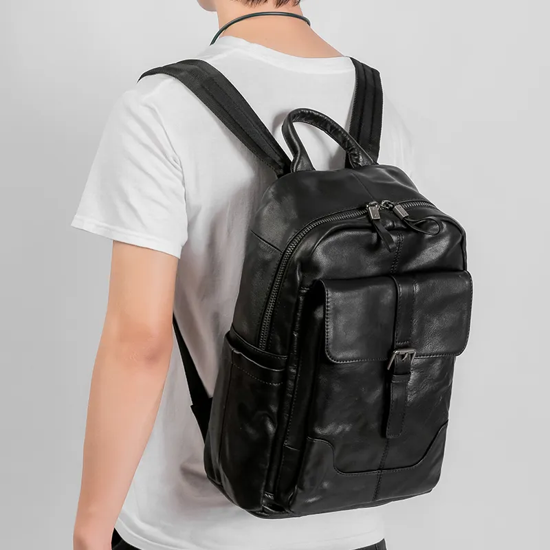 Ace Paul Top Grain Cow Leather Backpack Large Size Unisex Black-7