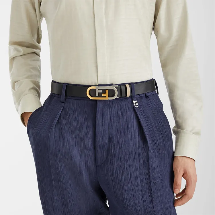 FENDI FF Letter Decoration Logo Smooth Buckle Leather Belts Men's Black Width: 3cm-2