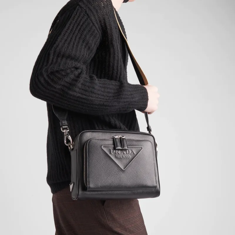 PRADA Saffiano Leather Messenger Bag Crossbody Bag Shoulder Bag Men's Black-3