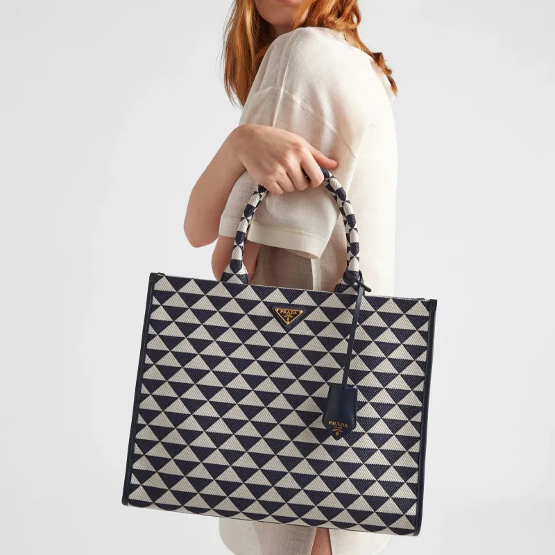 PRADA Large Symbole Embroidered Fabric Handbag Baltic Blue/Chalk White-3
