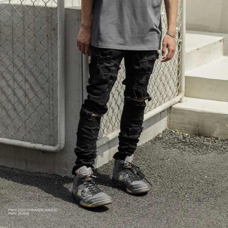 P.M.W Ripped Pants Jeans Men's Black-3