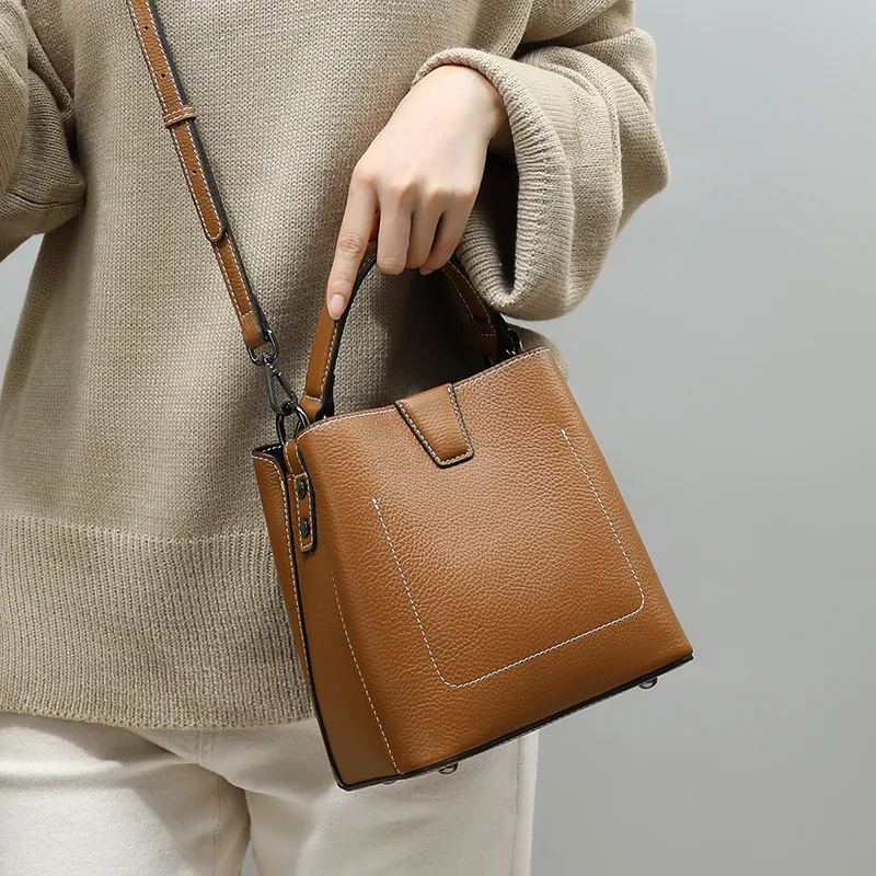VINEY Cow Leather Handbag, Crossbody Bag, Shoulder Bag, Bucket Bag Medium Size Women's Caramel-3