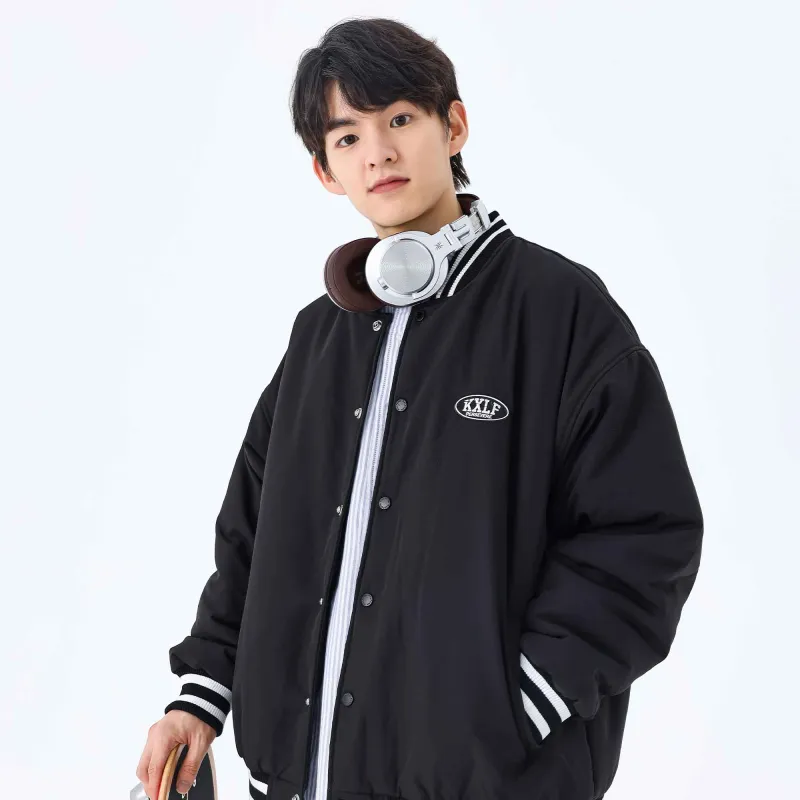 KXLFCHN Letter Baseball Collar Loose Fit Puffer Jacket Unisex-4