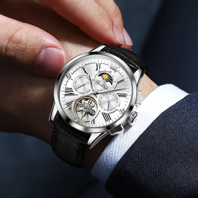 OLEVS Wisdom Series Mechanical Movement Leather Strap Watch Men's Watches Black Dial-4