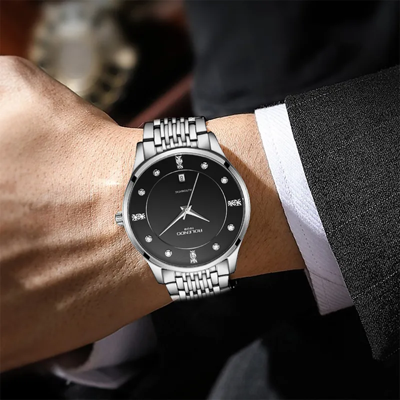 ROLENDO R Automatic Mechanical Movement Stainless Steel Watchband Watch Men's Watches Silver Dial RG7077-1