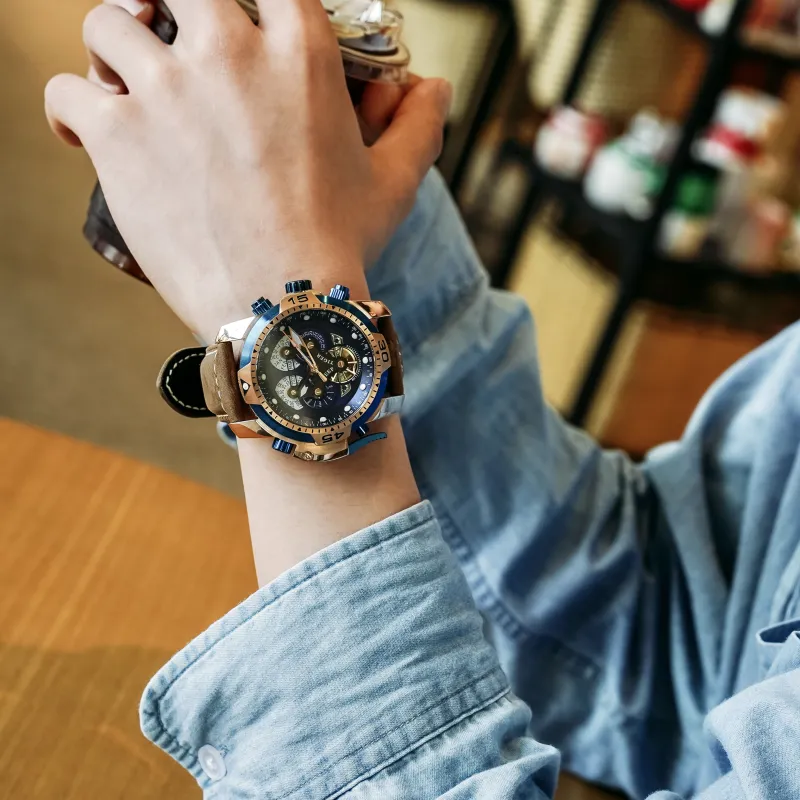REEF TIGER Automatic Mechanical Movement Genuine Leather Strap Watch Men's Watches Black Dial-1