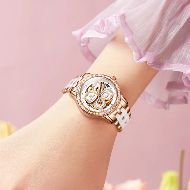 OLEVS Minimalist Series Mechanical Movement Ceramic Strap Watch Women's Watch White Dial-9