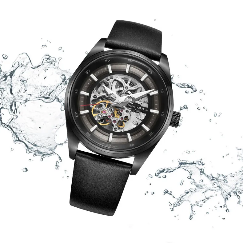 Sea Gull Frontier Automatic Mechanical Movement Cow Leather Strap Watch Men's Watches Cut Out Dial-3