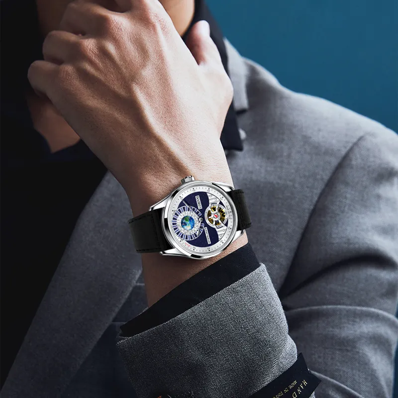 LOBINNI L Planet Watch Men's Automatic Mechanical Movement Cowhide Strap Watch Men's Watches Blue Dial-3