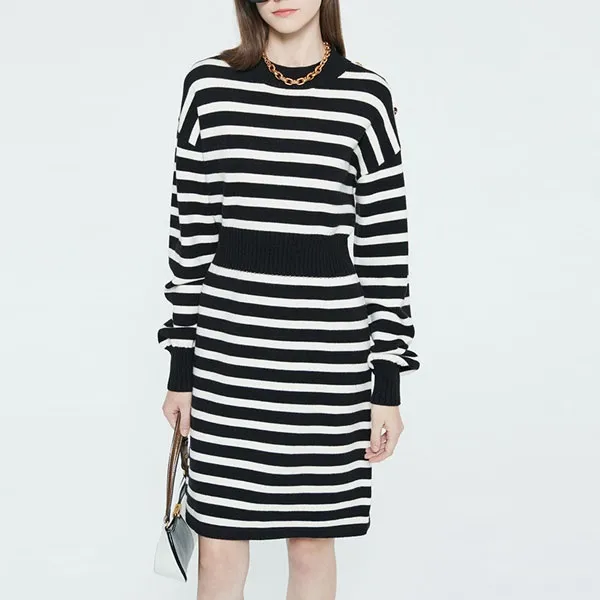 DKNY Long-Sleeved Dresses Women's Black White Stripes-4