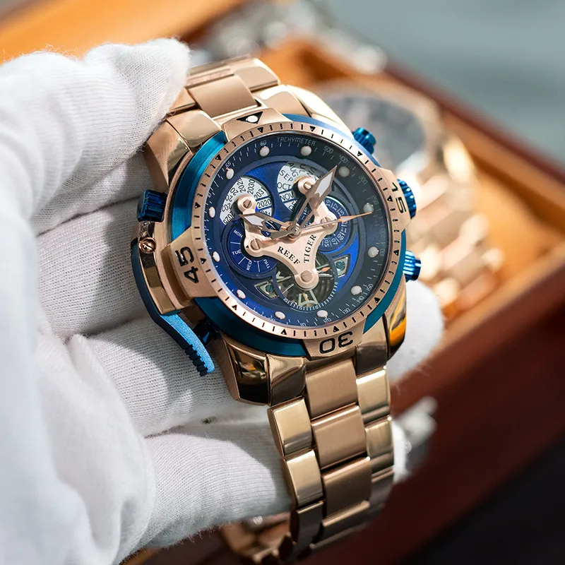 REEF TIGER Mechanical Movement Steel Strap Watch Men's Watches Black Dial-4