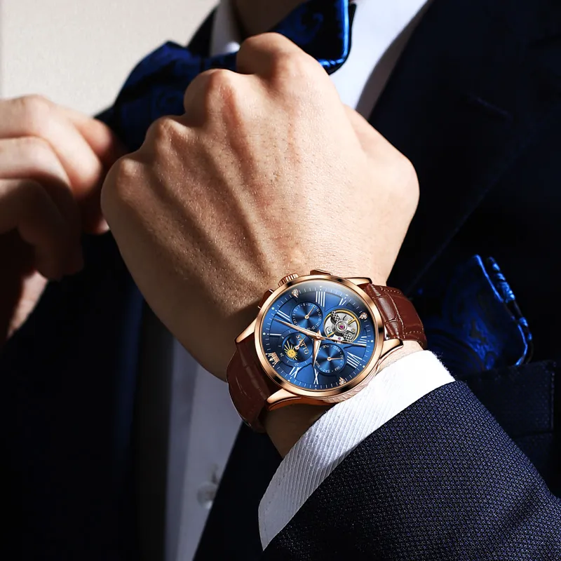 OLEVS Wisdom Series Mechanical Movement Leather Strap Watch Men's Watches Black Dial-14