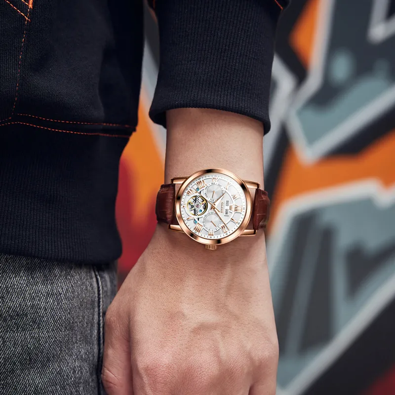 OLEVS Play The Cool Series Automatic Mechanical Movement Leather Strap Watch Men's Watches White Dial-25