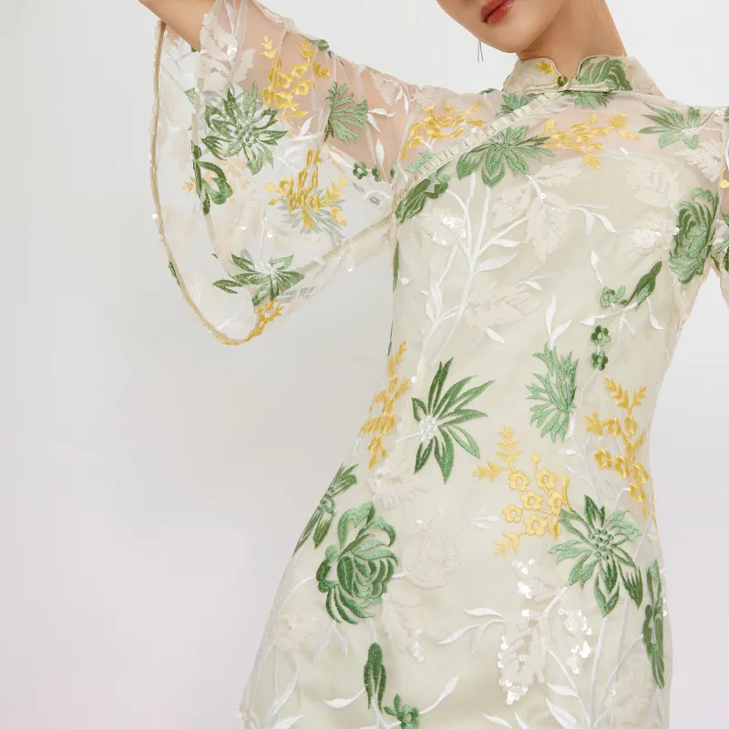 JINYE ORIENTAL Cheongsam Women's White Green-2