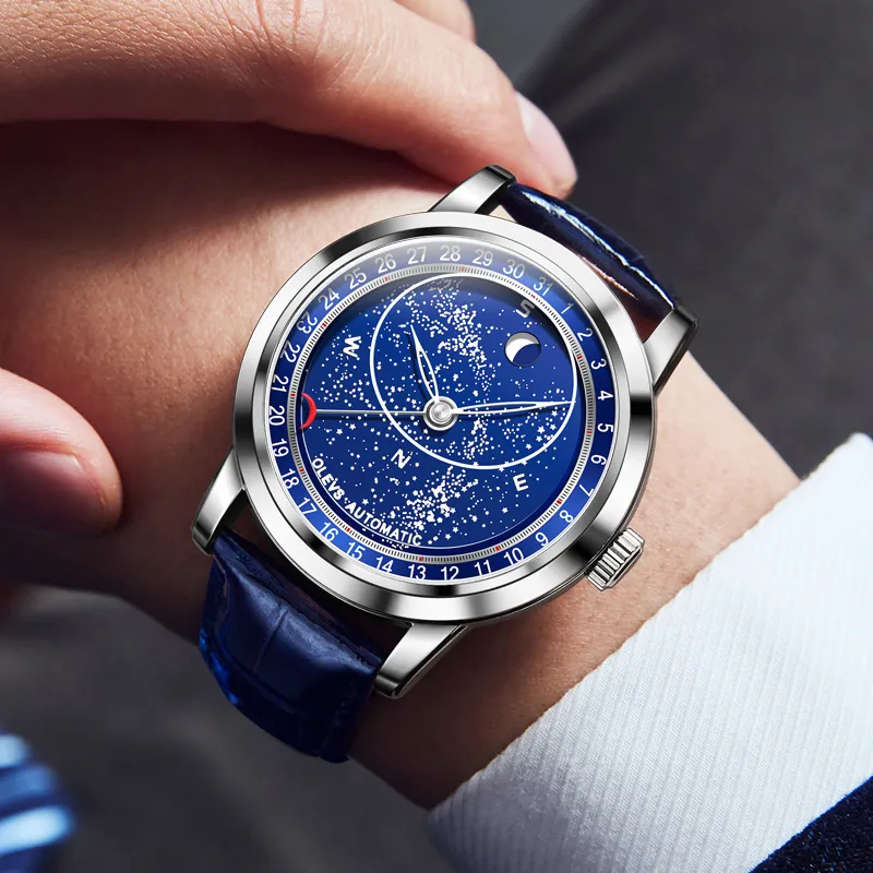 OLEVS Wisdom Series Automatic Mechanical Movement PU Strap Watch Men's Watches Blue Dial-2