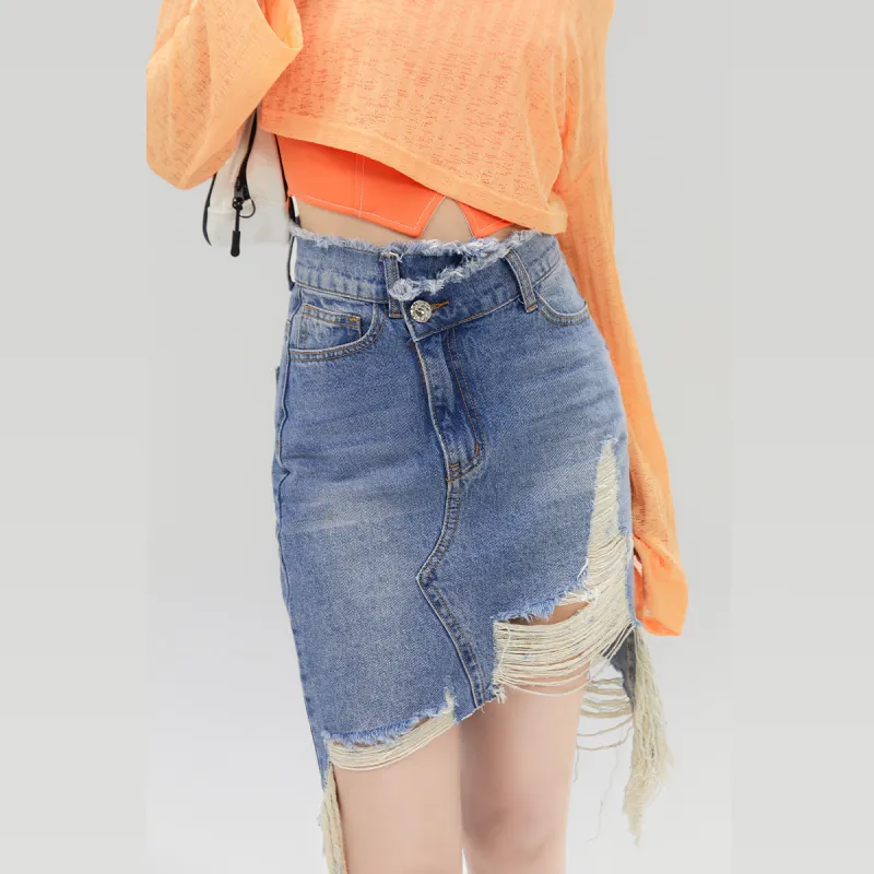 LA CRAWFISH Denim Short Skirts Women's Washed Light Blue-3