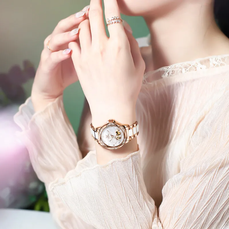 OLEVS Mechanical Movement Leather Strap Watch Women's Watch Mother of Pearl Color Watch Dial-3