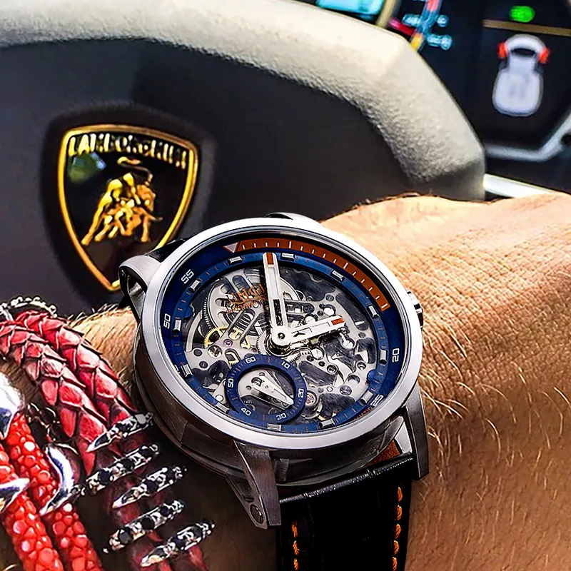 JINLERY Machine Automatic Mechanical Movement Genuine Leather Strap Watch Men's Watches Cut-Out Dial J9033-18
