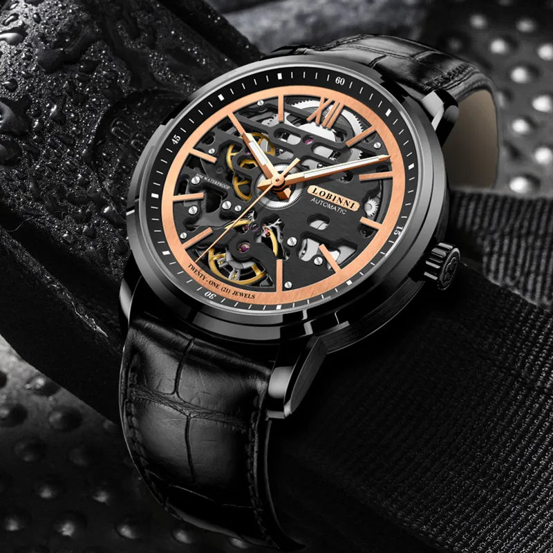 LOBINNI L Automatic Mechanical Movement Genuine Leather Strap Watch Men's Watches Cut-Out Dial-18