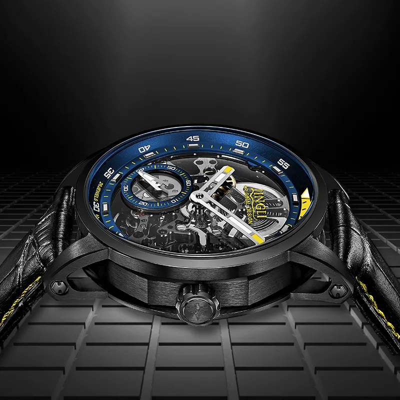 JINLERY Machine Automatic Mechanical Movement Genuine Leather Strap Watch Men's Watches Cut-Out Dial J9033-29
