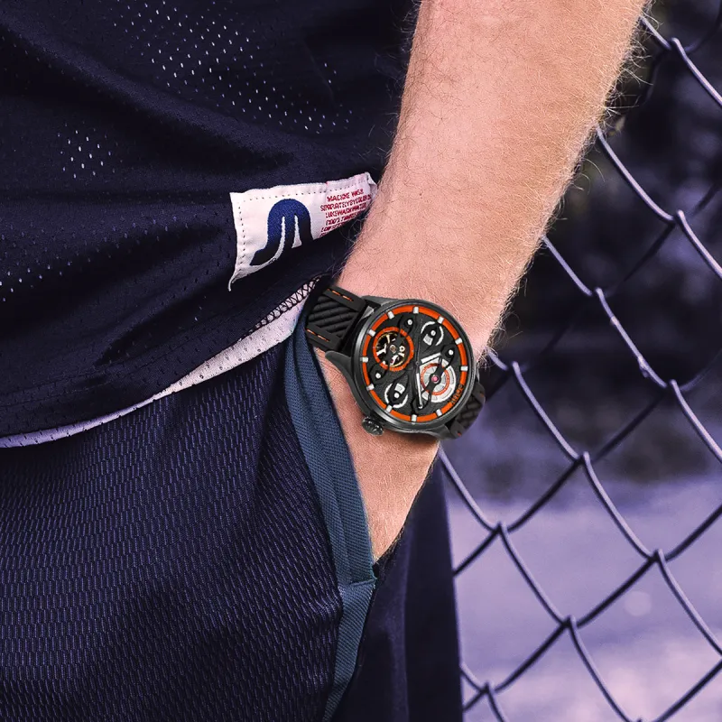 BOUX Biker Wind Collection Automatic Mechanical Movement Silicone Strap Watch Men's Watches Orange Watch Dial-3
