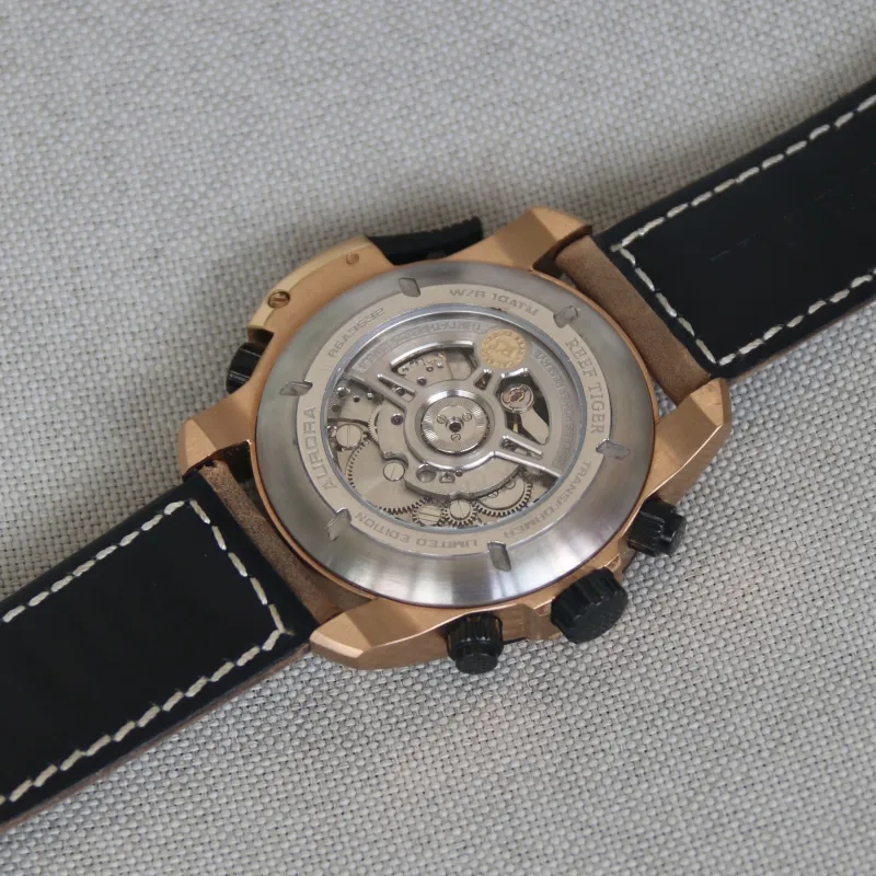 REEF TIGER Aurora Automatic Mechanical Movement Cowhide Strap Watch Men's Watches Black Dial-2