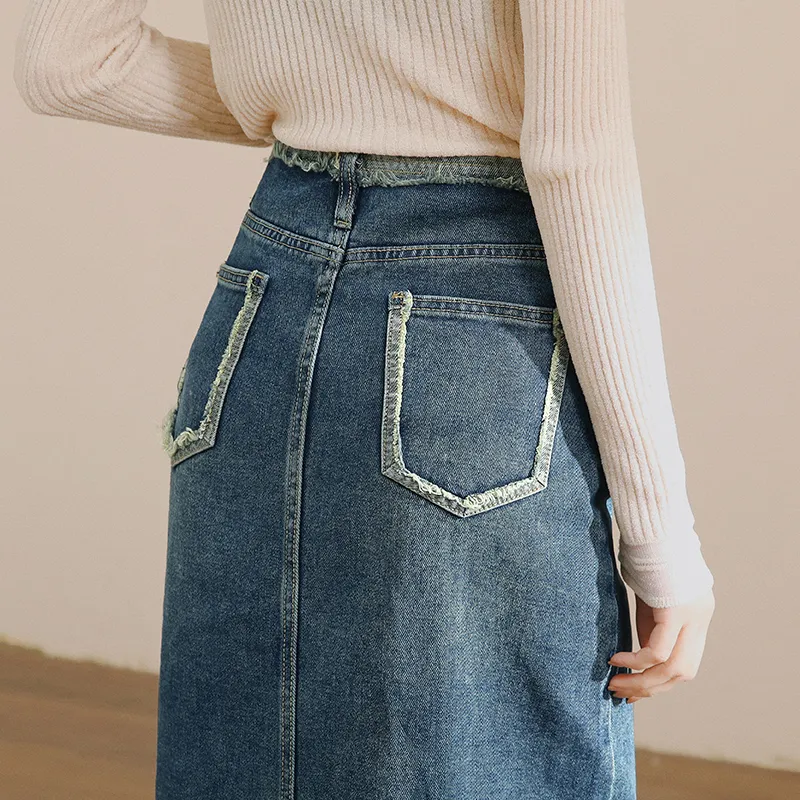 MITUAN Denim Long Skirts Women's Blue-5