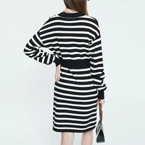 DKNY Long-Sleeved Dresses Women's Black White Stripes-3