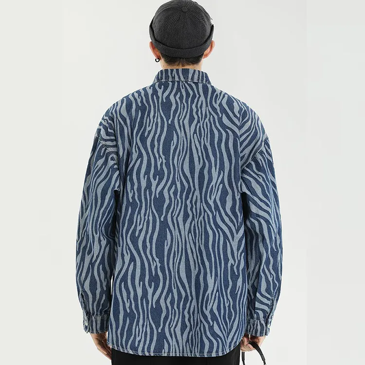 LOMBT Brand Logo All Over Print Heavy Washed Denim Shirt Spring And Autumn Unisex Blue-3