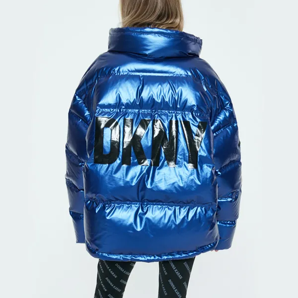 DKNY FW22 Solid Color Lapel Loose Fit Thickened Down Jacket Women's Metal Blue-2