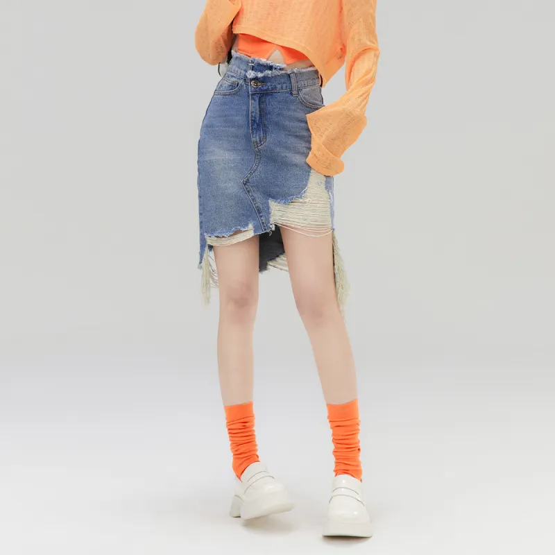 LA CRAWFISH Denim Short Skirts Women's Washed Light Blue-2