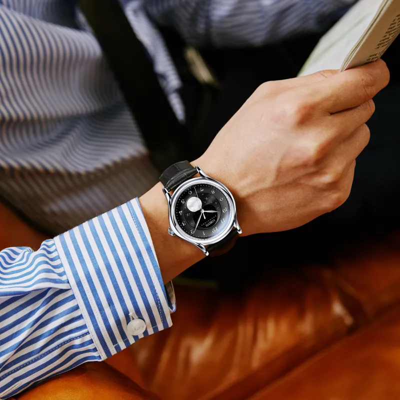 LOBINNI L Mechanical Movement Genuine Leather Strap Watch Men's Watches Black Dial-4